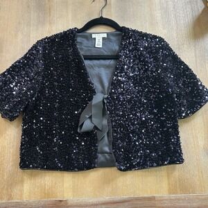 H&M Sequin Tie Front Navy Blue‎ Blouse Cropped Size Small